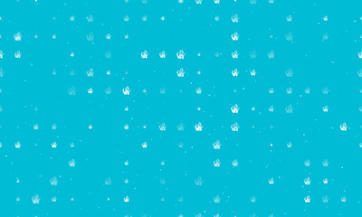 Seamless background pattern of evenly spaced white seaweed symbols of different sizes and opacity. Vector illustration on cyan background with stars