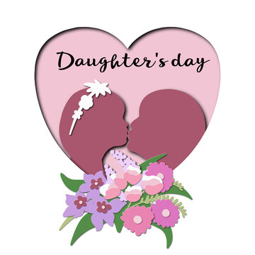 paper art. paper cut illustration daughter's day, image of mother and daughter in heart