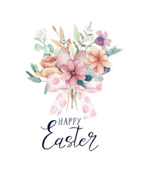 Watercolor Happy Easter poster. Floral  bouquet with eggs, bow, feathers, flowers