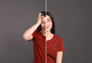 Young woman expressing different emotions on grey background, collage. Personality concept