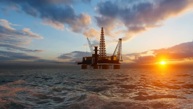 Animation of an offshore oil platform. Fly-through shot amazing sunset