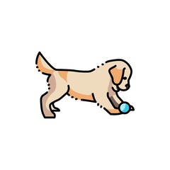 Golden retriever puppy playing ball color line icon. Pictogram for web page
