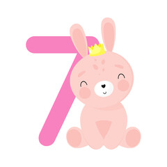 Birthday Party, Greeting Card, Party Invitation. Kids illustration with Cute Rabbit and an inscription seven. Vector illustration in cartoon style.