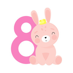 Birthday Party, Greeting Card, Party Invitation. Kids illustration with Cute Rabbit and an inscription eight. Vector illustration in cartoon style.