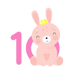 Birthday Party, Greeting Card, Party Invitation. Kids illustration with Cute Rabbit and an inscription ten. Vector illustration in cartoon style.