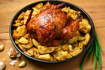 roasted potatoes and baked chicken meat in a frying pan, cooked food, delicious crust, one object on a wooden background
