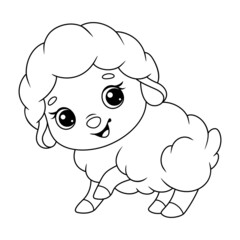 Little sheep coloring page. Black and white cartoon illustration