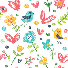 Fototapeta na wymiar Seamless pattern with cute birds and flowers. Perfect for wallpaper, wrapping paper, seasonal greeting cards, summer invitations, fabric.