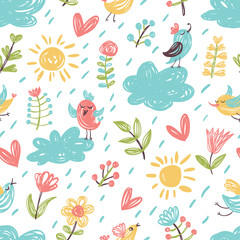 Seamless pattern with birds, clouds, hearts and flowers. Perfect for wallpaper, wrapping paper, seasonal greeting cards, summer invitations, fabric