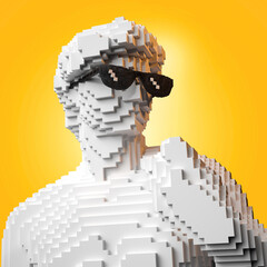 Pixelated Michelangelo's David statue with black sunglasses, voxel effect. 3d rendering
