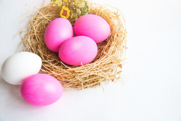 Fototapeta na wymiar pink rose colors painted easter eggs in decor nest. Happy Easter holiday card