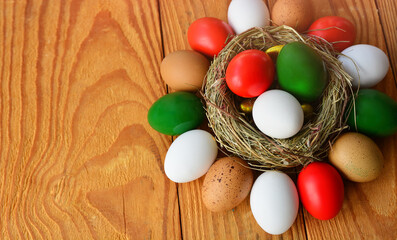 Fototapeta na wymiar Happy Easter holiday card, Easter eggs as the color of the Italian flag red, white, green.
