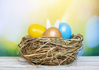 multi colors painted easter eggs in colors flag of ukraine yellow and blue. Happy Easter holiday card