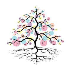 Illustration art of a tree. Consists of roots, stems, branches and leaves. On white background.