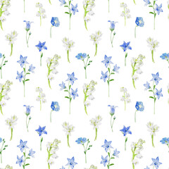 Watercolor seamless pattern with bluebells, daffodils lilies of the valley on white background 