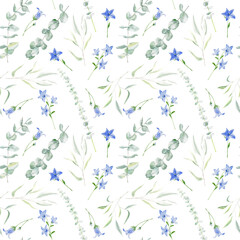 Watercolor seamless pattern with bluebell flower and eucalyptus on white background 