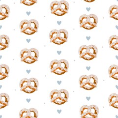 Seamless vector pattern with cute hand drawn chocolate covered pretzels. Fun design. Baking theme background for wrapping paper, card, gift, fabric, textile, packaging, wallpaper, print, apparel.