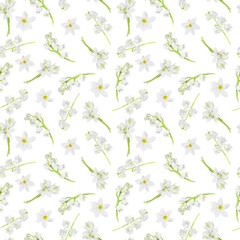 Watercolor seamless pattern with white daffodils and lilies of the valley on white background 
