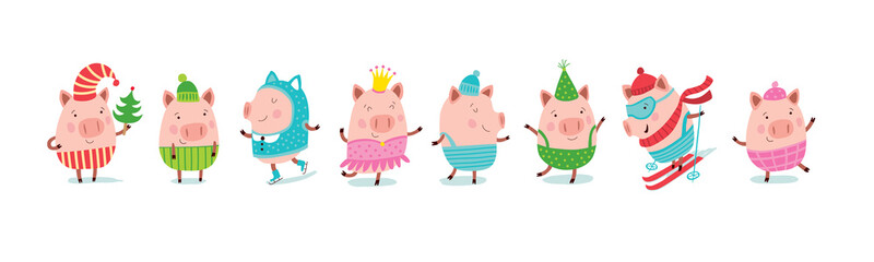 Set of cheerful and cute piglets for decoration of holiday prints.  © Elena Melnikova