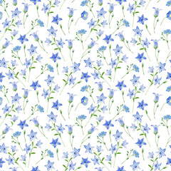 Watercolor seamless pattern with bluebells on white background 