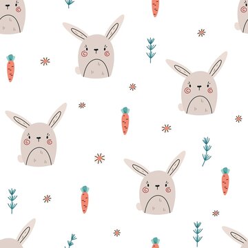 Seamless vector pattern with cute hand drawn bunnies, carriots and daisies. Fun animal background for kids room decor, nursery art, card, gift, fabric, textile, wrapping paper, wallpaper, packaging.