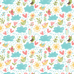 Seamless vector background with birds and flowers. Children style.