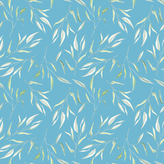 Fototapeta na wymiar Watercolor seamless pattern with eucalyptus branches on blue background 