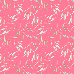 Watercolor seamless pattern with eucalyptus branches on pink background 