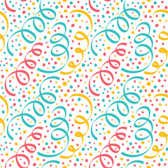 Simple bright pattern with streamers and confetti. Seamless vector background. Background can be used for wallpapers, pattern fills, web page backgrounds,surface textures.