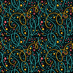 Simple bright pattern with streamers and confetti. Seamless vector background. Background can be used for wallpapers, pattern fills, web page backgrounds, surface textures.