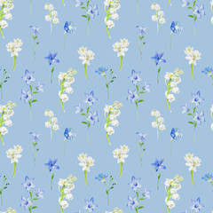 Fototapeta na wymiar Watercolor seamless pattern with bluebells, daffodils lilies of the valley on blue background 