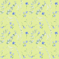 Watercolor seamless pattern with bluebell flower and eucalyptus on green background 