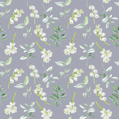 Watercolor seamless pattern with white daffodil flowers, lilies of the valley and greenery on gray background 