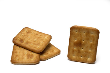 Closeup crispy rectangle salt crackers white background