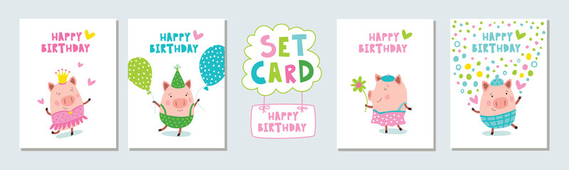 Four Happy Birthday cards with cute piglets.