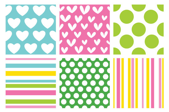 Set of seamless patterns with hearts, polka dots and stripes.