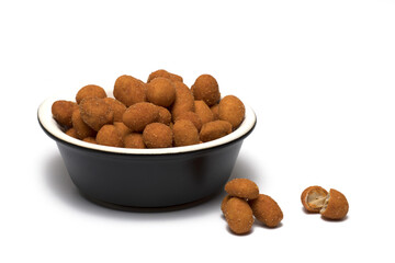 bowl crunchy peanuts dough coating white background