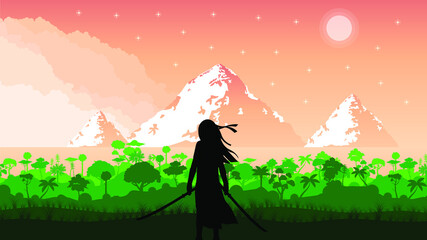Dark Background Ninja Sun Mountains Person Silhouette Trees Clouds Sky People Vector Design Style