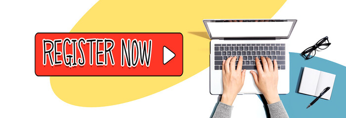 Register now with person using a laptop computer
