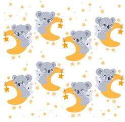 Cute pattern with mother koala and baby on the moon. Flat illustration isolated on white background 