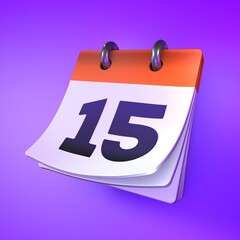 Standing calendar with date. Day 15 Modern 3d design rendering. 