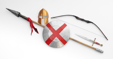 knight shield and bow isolated on white background