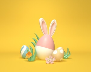 Colorful hand decorated Easter eggs with rabbit ears and spring holiday pastel colors