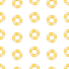 Obraz premium Watercolor seamless pattern with yellow inflatable rubber illustration on isolated white background (for stationery design, wallpaper, printing on objects, wrapping paper, fabric, textile, etc.)