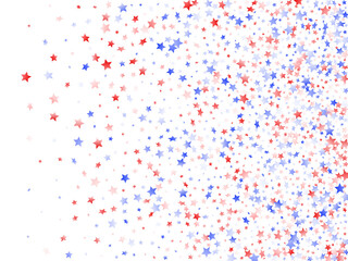 Flying red blue white star sparkles on white vector american patriotic background.