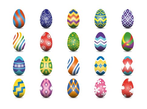 Illustration of easter eggs with various patterns and colors on a white background.