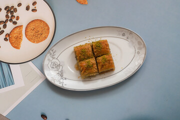 Traditional Turkish baklava with pistachio (Turkish name; baklava with pistachio)