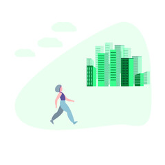 Woman running on background of skyscrapers. Girl  in city park. Urban landscape background in modern style. Vector abstract city landscape building 
