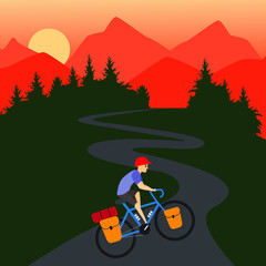 Rider cycling touring bike with bikepacking bags and tent on view of mountain. Vector and illustration design.
