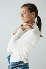 Glamour portrait of beautiful woman model with fresh daily makeup and romantic wavy hairstyle....